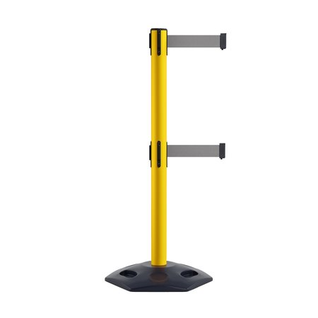 MONTOUR LINE Stanchion Dual Belt Barr. Rubber Base Yellow Post 7.5ftLt Gry Belt MSR630D-YW-LGY-75